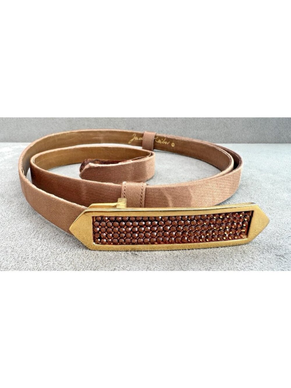 Vintage JUDITH LEIBER Topaz RHINESTONE BUCKLE on Satin BELT Taupe / Cocoa Brown